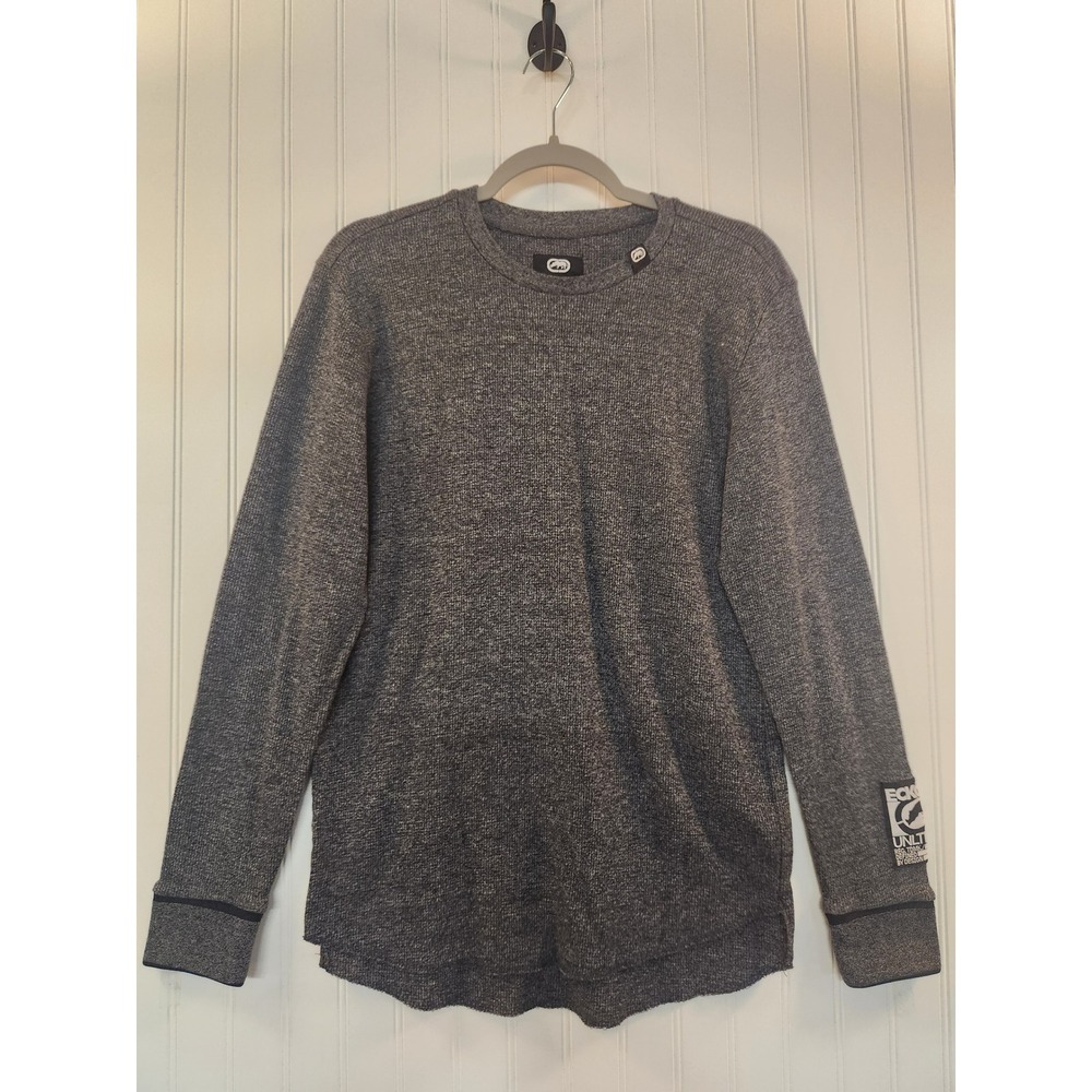 Ecko Unltd Men Large Gray Waffle Knit Thermal Long Sleeve Henley Shirt Cozy